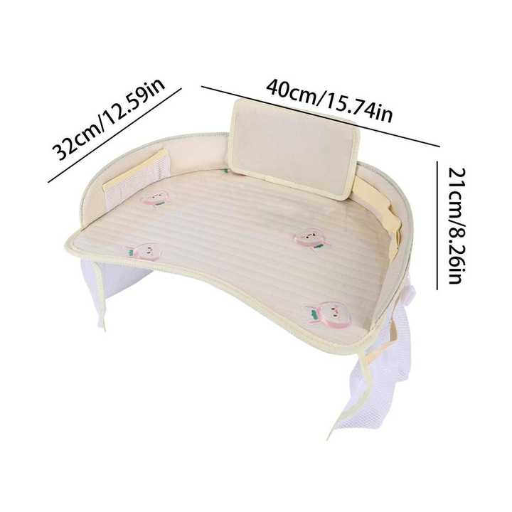 Kids Car Seat Travel Tray - Waterproof Lap Desk with Storage Pockets (Beige bunny - Round) - Image 2