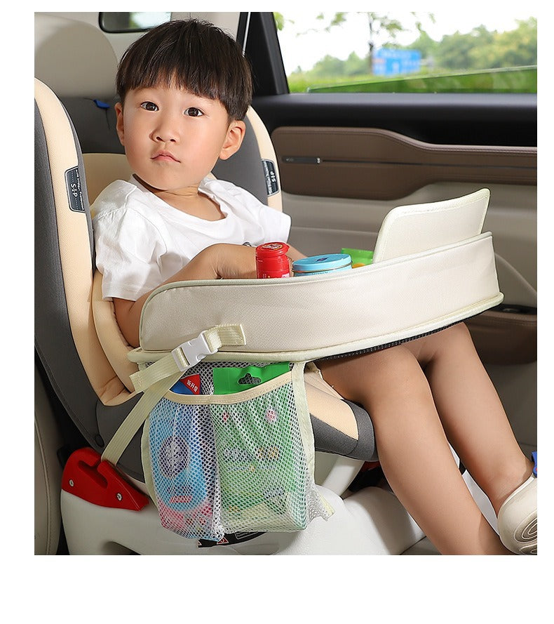 Kids Car Seat Travel Tray - Waterproof Lap Desk with Storage Pockets (Beige bunny - Round) - Image 4