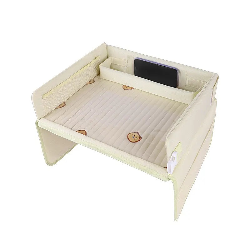 Kids Car Seat Travel Tray - Waterproof Lap Desk with Storage Pockets (Beige Bear - Square)