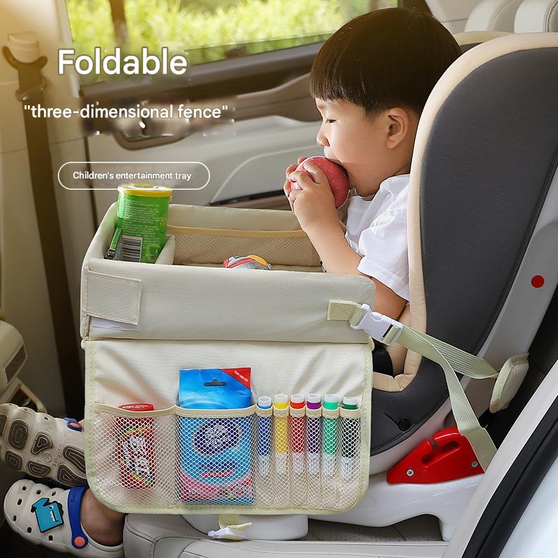 Kids Car Seat Travel Tray - Waterproof Lap Desk with Storage Pockets (Beige Bear - Square) - Image 4