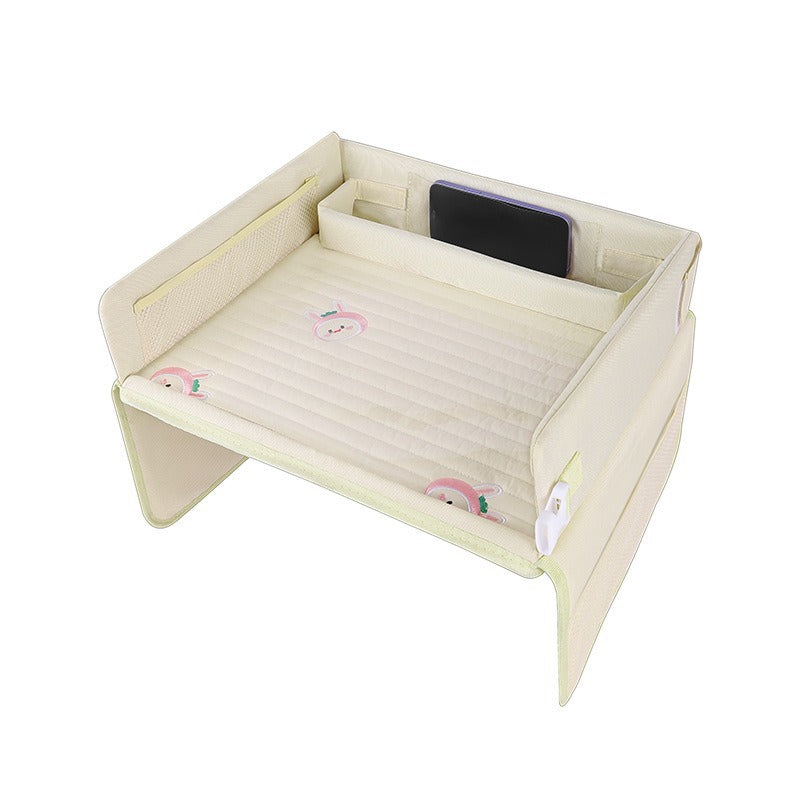 Kids Car Seat Travel Tray - Waterproof Lap Desk with Storage Pockets (Beige bunny - Round)