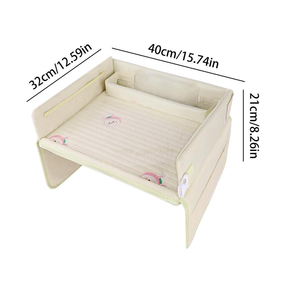 Kids Car Seat Travel Tray - Waterproof Lap Desk with Storage Pockets (Beige bunny - Round) - Image 2