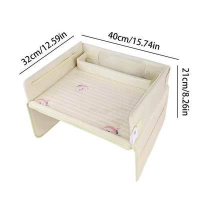 Kids Car Seat Travel Tray - Waterproof Lap Desk with Storage Pockets (Beige bunny - Round) - Image 2