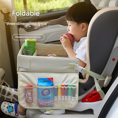 Kids Car Seat Travel Tray - Waterproof Lap Desk with Storage Pockets (Beige bunny - Round) - Image 3