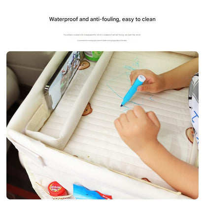 Kids Car Seat Travel Tray - Waterproof Lap Desk with Storage Pockets (Beige bunny - Round) - Image 4