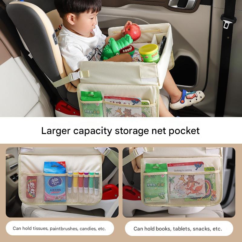 Kids Car Seat Travel Tray - Waterproof Lap Desk with Storage Pockets (Beige bunny - Round) - Image 5