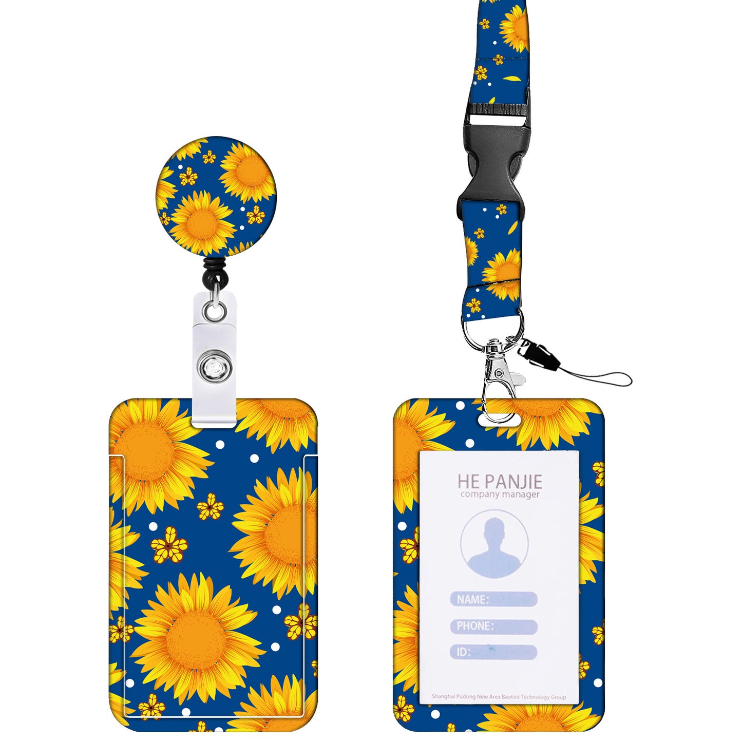 2-pcs Retractable ID Badge Reel Lanyard Set with Vertical Hard Plastic Card Holder - Blue Yellow Floral (Style 1) - Image 2