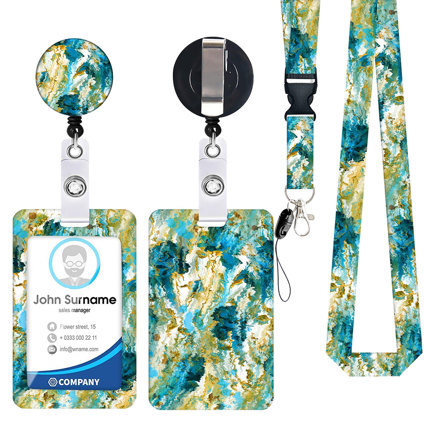 2-pcs Retractable ID Badge Reel Lanyard Set with Vertical Hard Plastic Card Holder - Blue rock patterns (Style 3) - Image 2