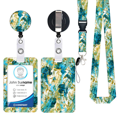 2-pcs Retractable ID Badge Reel Lanyard Set with Vertical Hard Plastic Card Holder - Blue rock patterns (Style 3) - Image 2