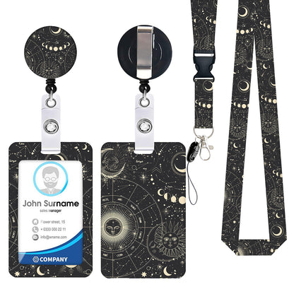 2-pcs Retractable ID Badge Reel Lanyard Set with Vertical Hard Plastic Card Holder - Black starry sky (Style 7) - Image 2
