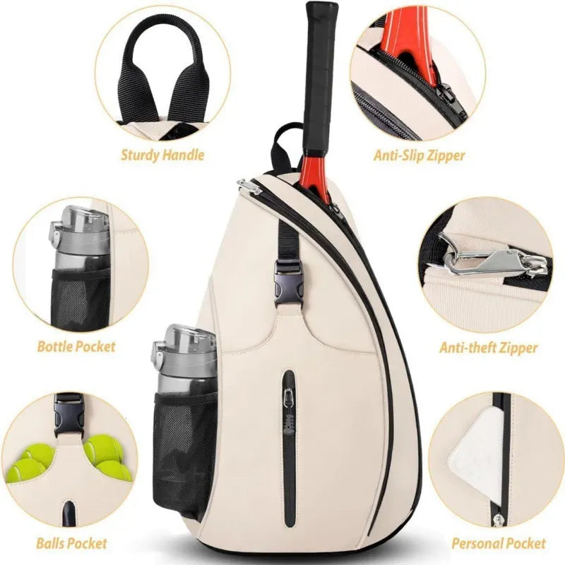 Beige Tennis Pickleball Sling Bag - Crossbody Racket Backpack for Men & Women (33x14x49cm) - Image 3