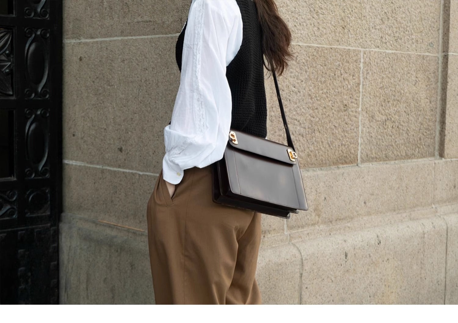 Brown Premium Leather Underarm Bag with Elegant Accordion Design - Image 3