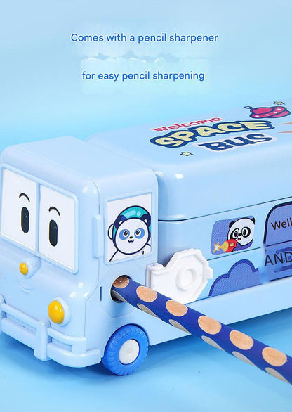 2-pcs Blue Fun School Bus Pencil Box with Built-in Sharpener - 3 Layer Large Capacity Stationery Box for Kids - Image 2