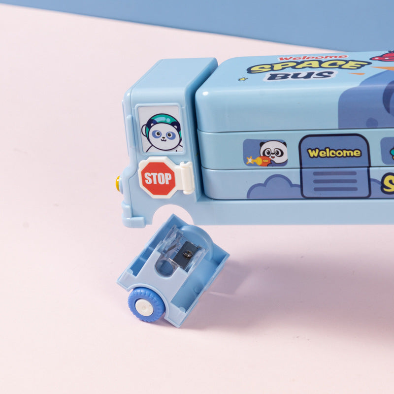 2-pcs Blue Fun School Bus Pencil Box with Built-in Sharpener - 3 Layer Large Capacity Stationery Box for Kids - Image 3