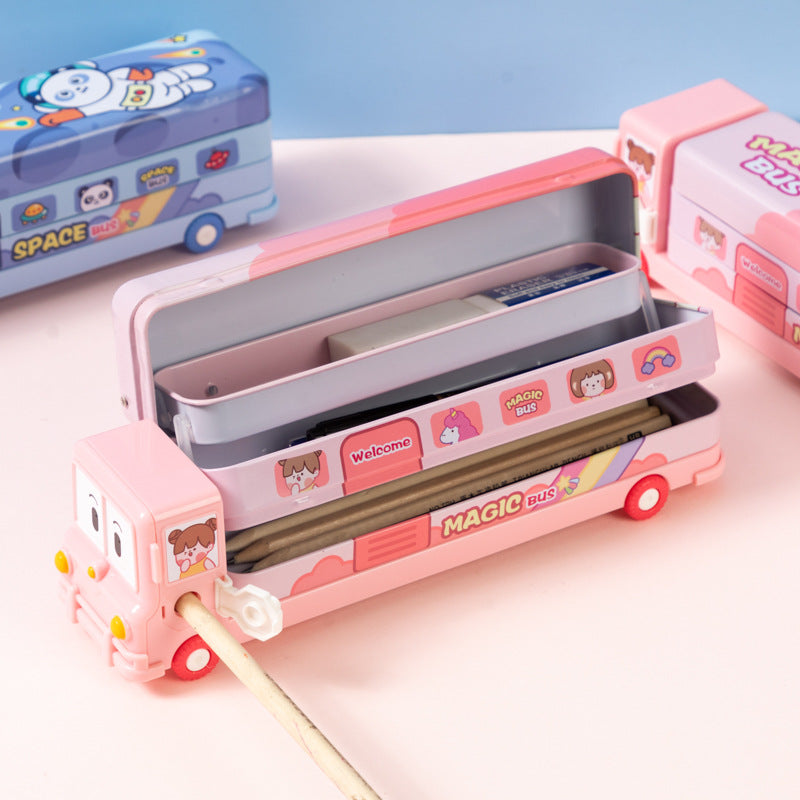 2-pcs Pink Fun School Bus Pencil Box with Built-in Sharpener - 3 Layer Large Capacity Stationery Box for Kids - Image 3