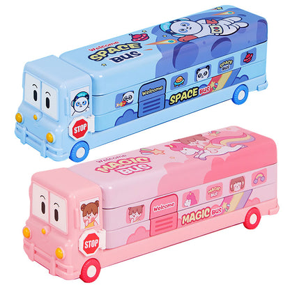 2-pcs (One pink and one blue) Fun School Bus Pencil Box with Built-in Sharpener - 3 Layer Large Capacity Stationery Box for Kids - Image 2