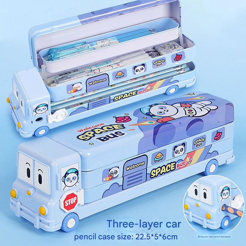 2-pcs (One pink and one blue) Fun School Bus Pencil Box with Built-in Sharpener - 3 Layer Large Capacity Stationery Box for Kids - Image 3