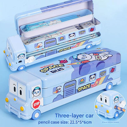 2-pcs (One pink and one blue) Fun School Bus Pencil Box with Built-in Sharpener - 3 Layer Large Capacity Stationery Box for Kids - Image 3