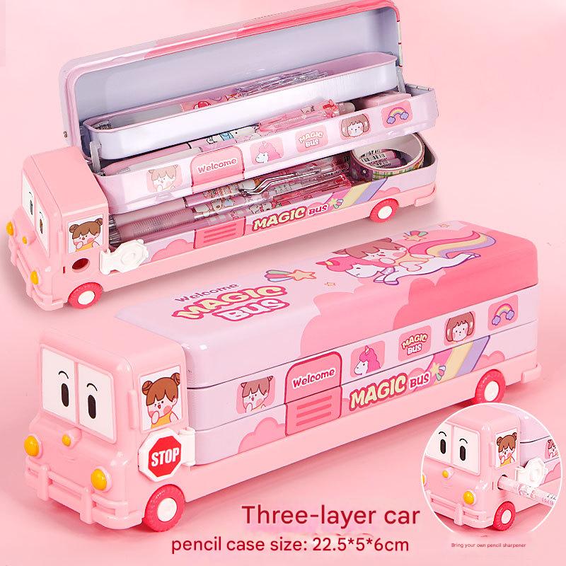 2-pcs (One pink and one blue) Fun School Bus Pencil Box with Built-in Sharpener - 3 Layer Large Capacity Stationery Box for Kids - Image 4