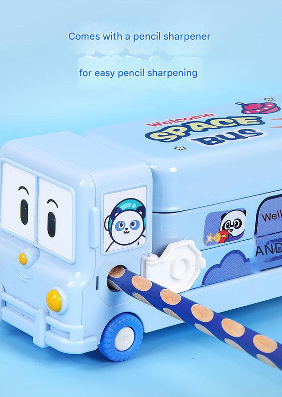 2-pcs (One pink and one blue) Fun School Bus Pencil Box with Built-in Sharpener - 3 Layer Large Capacity Stationery Box for Kids - Image 5