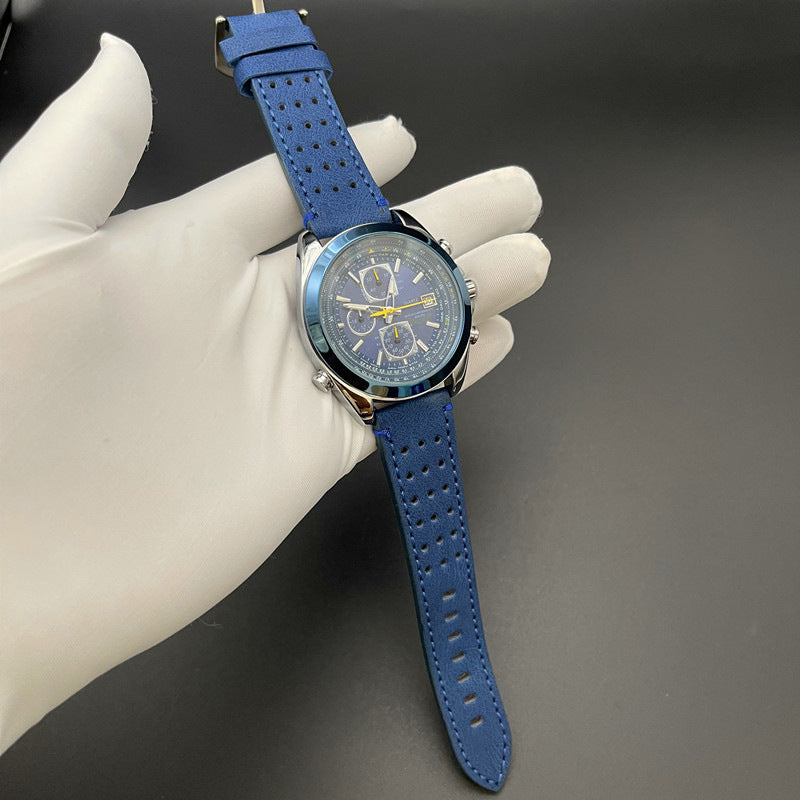 Blue leather strap Elegant Men's Quartz Chronograph Watch with 42mm Case and Perpetual Calendar - Image 2