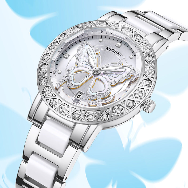 Women's Butterfly Quartz Watch with Ceramic Steel Strap and Luminous Hands (Silver shell white surface steel belt) - Image 2