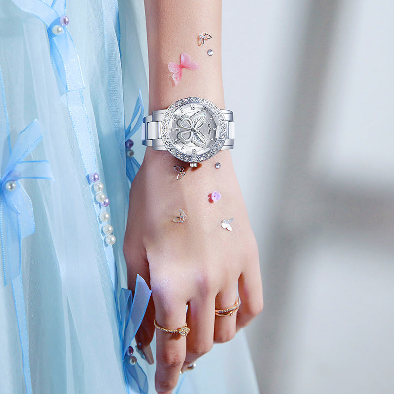 Women's Butterfly Quartz Watch with Ceramic Steel Strap and Luminous Hands (Silver shell white surface steel belt) - Image 3