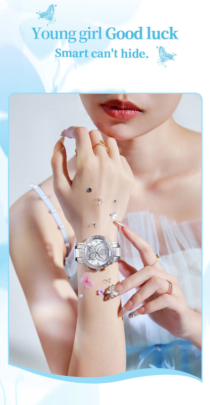 Women's Butterfly Quartz Watch with Ceramic Steel Strap and Luminous Hands (Silver shell white surface steel belt) - Image 4
