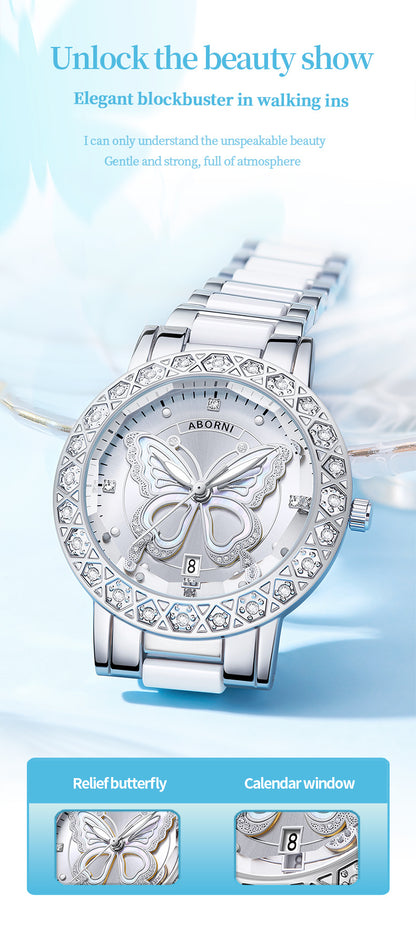Women's Butterfly Quartz Watch with Ceramic Steel Strap and Luminous Hands (Silver shell white surface steel belt) - Image 5