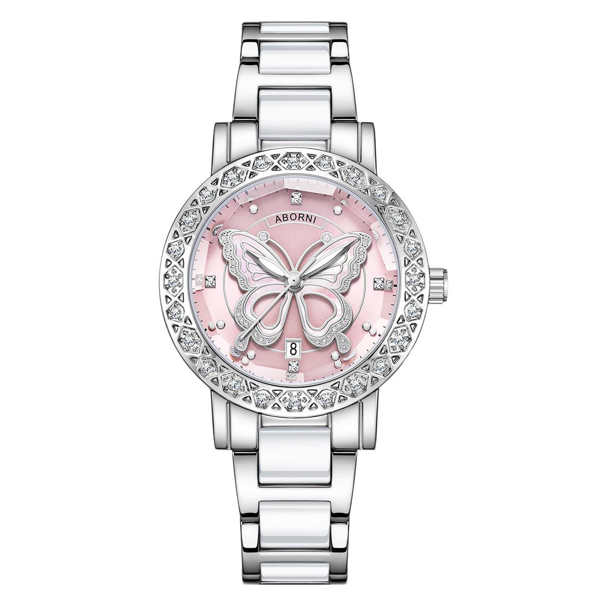 Women's Butterfly Quartz Watch with Ceramic Steel Strap and Luminous Hands (Silver shell powder surface steel belt) - Image 3