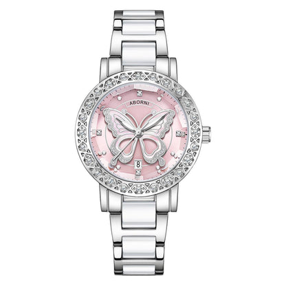 Women's Butterfly Quartz Watch with Ceramic Steel Strap and Luminous Hands (Silver shell powder surface steel belt) - Image 3