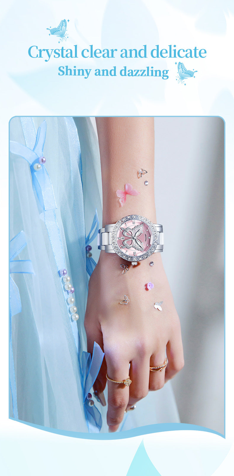 Women's Butterfly Quartz Watch with Ceramic Steel Strap and Luminous Hands (Silver shell powder surface steel belt) - Image 4