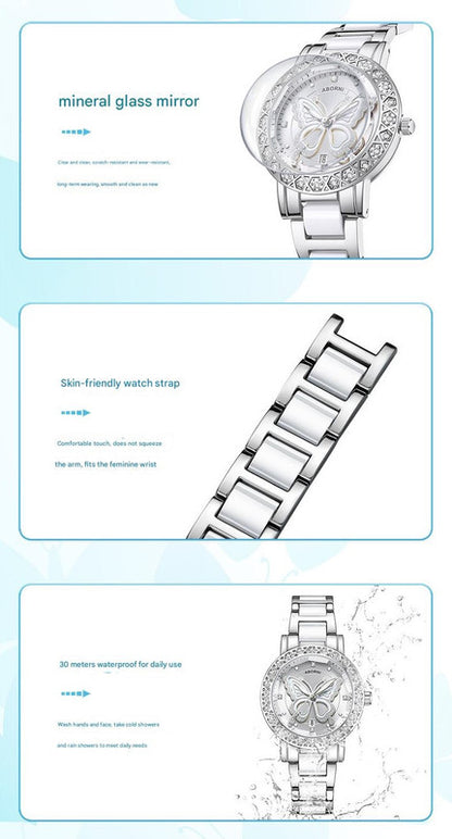 Women's Butterfly Quartz Watch with Ceramic Steel Strap and Luminous Hands (Silver shell powder surface steel belt) - Image 5