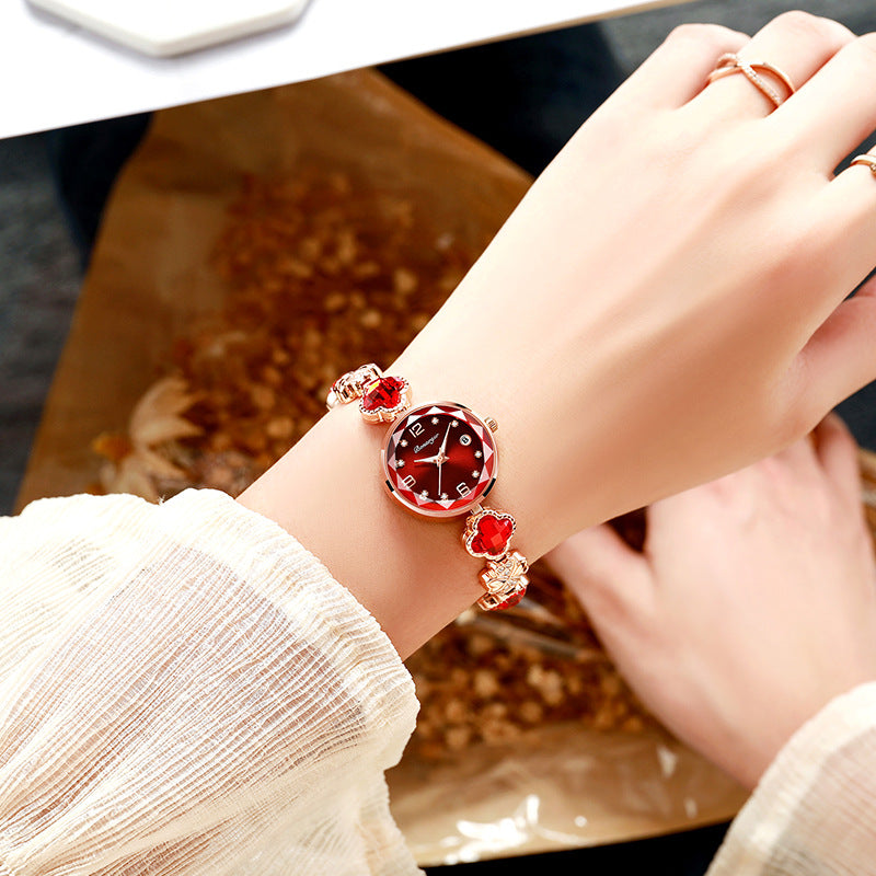 Red Women's Four-Leaf Clover Quartz Watch with Red Dial and Crystal Accents - Image 2