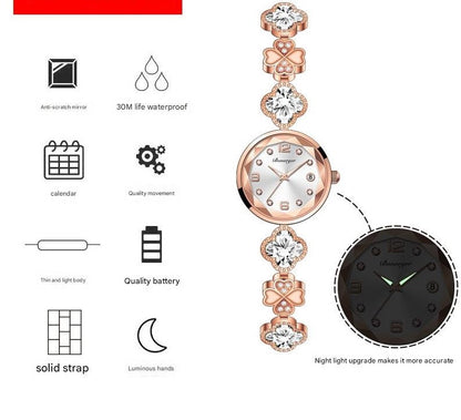 White Women's Four-Leaf Clover Quartz Watch with Red Dial and Crystal Accents - Image 2