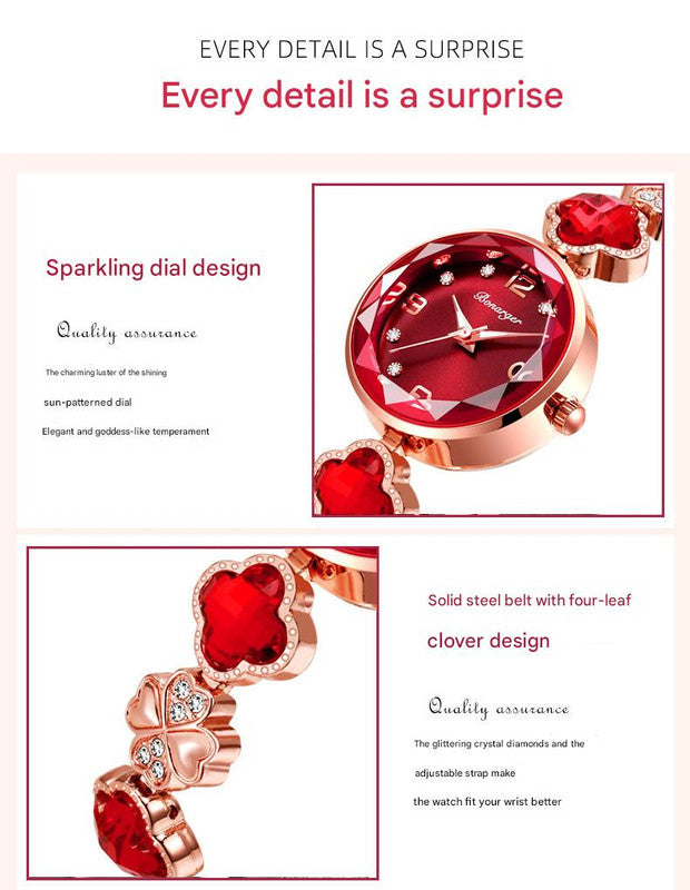 White Women's Four-Leaf Clover Quartz Watch with Red Dial and Crystal Accents - Image 3