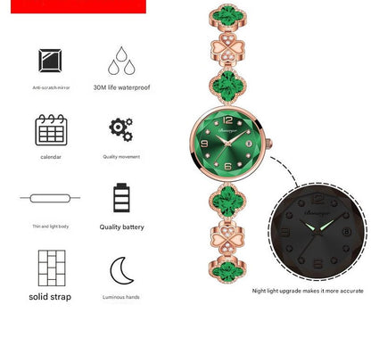Green Women's Four-Leaf Clover Quartz Watch with Red Dial and Crystal Accents - Image 2