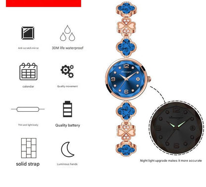 Blue Women's Four-Leaf Clover Quartz Watch with Red Dial and Crystal Accents - Image 2