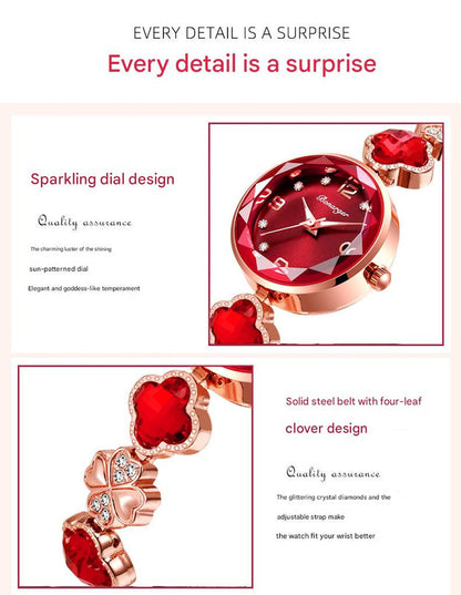 Blue Women's Four-Leaf Clover Quartz Watch with Red Dial and Crystal Accents - Image 3