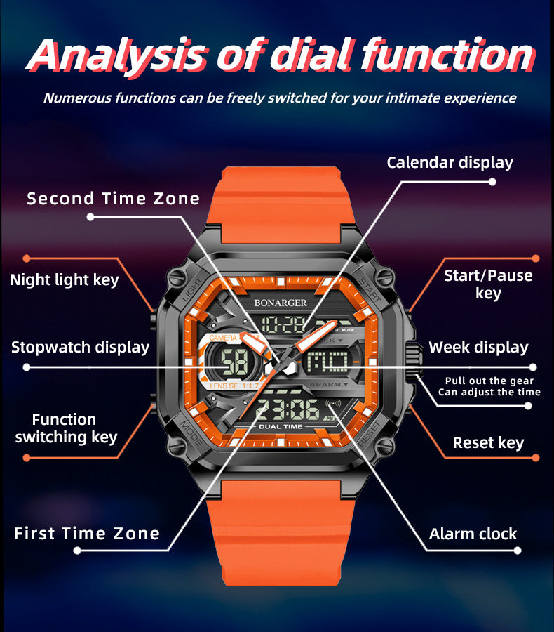 Orange Men's Dual Display Watch - Dual Time Digital Analog Waterproof Sports Watch - Image 2