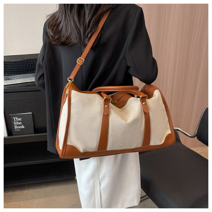 Brown Contrast Color Women's Travel Bag - Canvas & PU Leather Trim Luggage (43x27x19cm) - Image 5