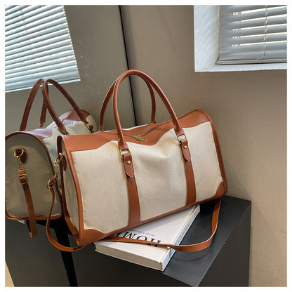 Brown Contrast Color Women's Travel Bag - Canvas & PU Leather Trim Luggage (43x27x19cm) - Image 6
