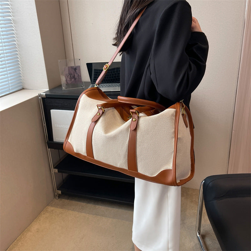 Brown Contrast Color Women's Travel Bag - Canvas & PU Leather Trim Luggage (32x21x14cm) - Image 2