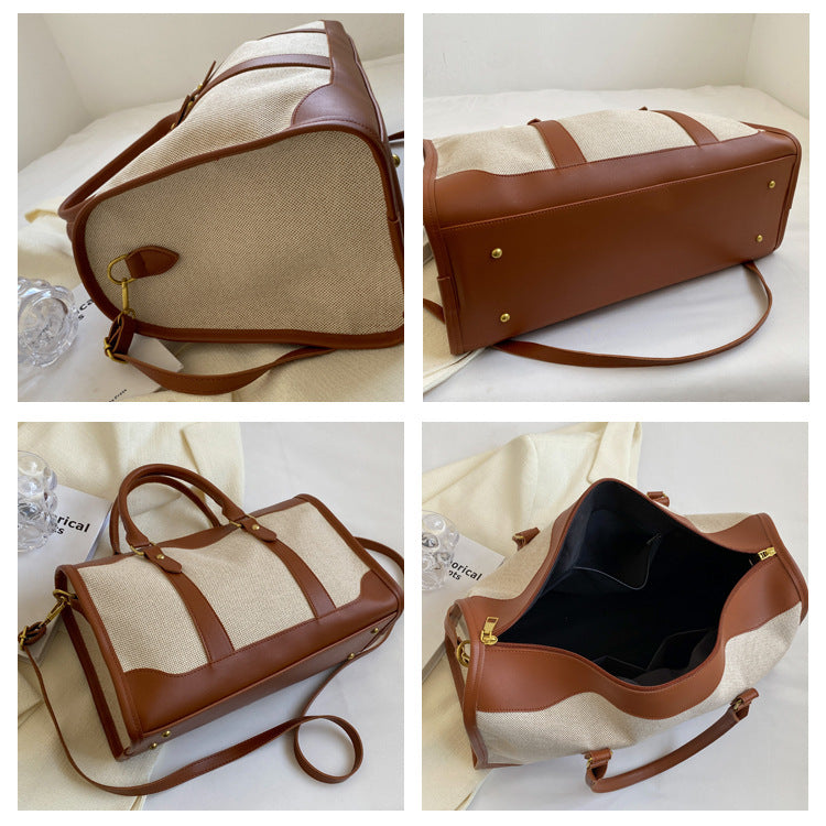 Brown Contrast Color Women's Travel Bag - Canvas & PU Leather Trim Luggage (32x21x14cm) - Image 3