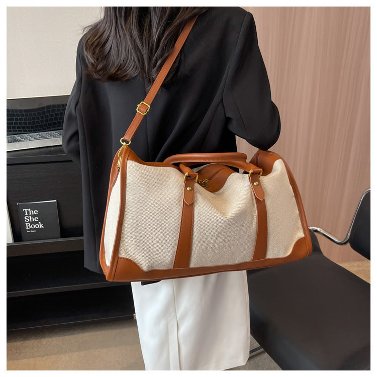 Brown Contrast Color Women's Travel Bag - Canvas & PU Leather Trim Luggage (32x21x14cm) - Image 5