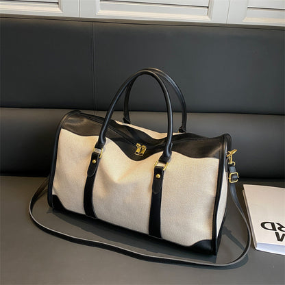 Black Contrast Color Women's Travel Bag - Canvas & PU Leather Trim Luggage (43x27x19cm) - Image 2