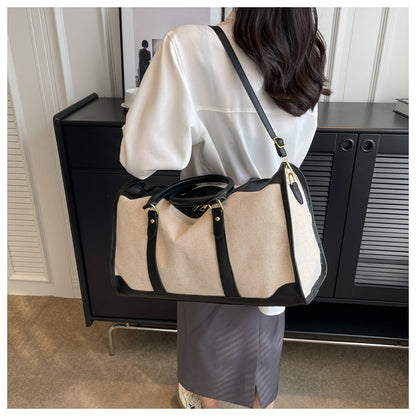 Black Contrast Color Women's Travel Bag - Canvas & PU Leather Trim Luggage (43x27x19cm) - Image 4