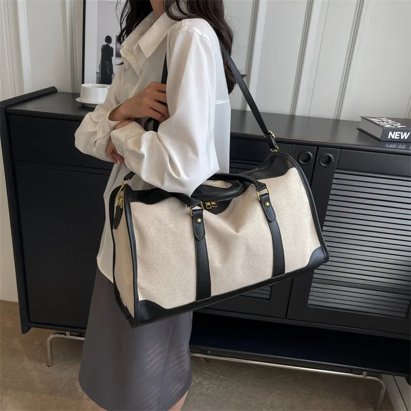 Black Contrast Color Women's Travel Bag - Canvas & PU Leather Trim Luggage (32x21x14cm)