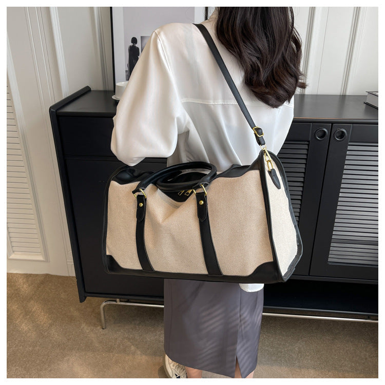 Black Contrast Color Women's Travel Bag - Canvas & PU Leather Trim Luggage (32x21x14cm) - Image 4