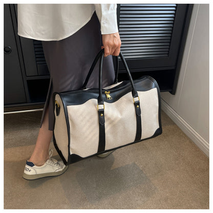 Black Contrast Color Women's Travel Bag - Canvas & PU Leather Trim Luggage (32x21x14cm) - Image 5